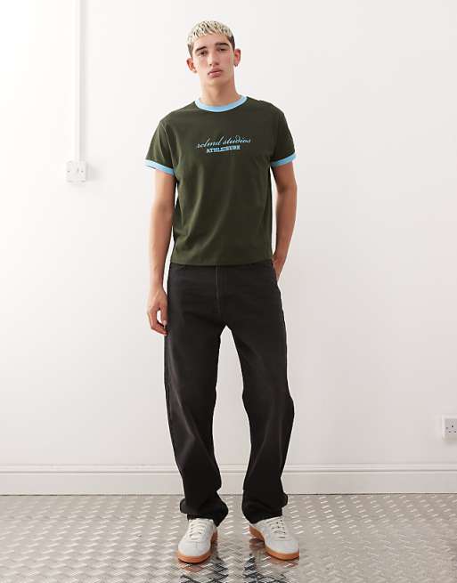 Reclaimed Vintage Cropped Boxy Ringer T-shirt With Branded Graphic In Charcoal And Blue