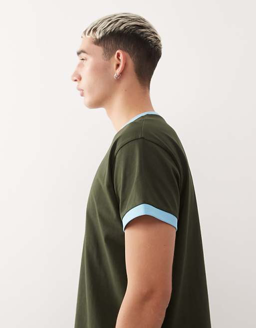 Reclaimed Vintage Cropped Boxy Ringer T-shirt With Branded Graphic In Charcoal And Blue