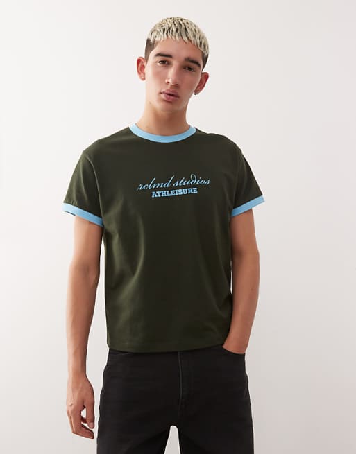 Reclaimed Vintage cropped boxy ringer t-shirt with branded graphic in charcoal and blue