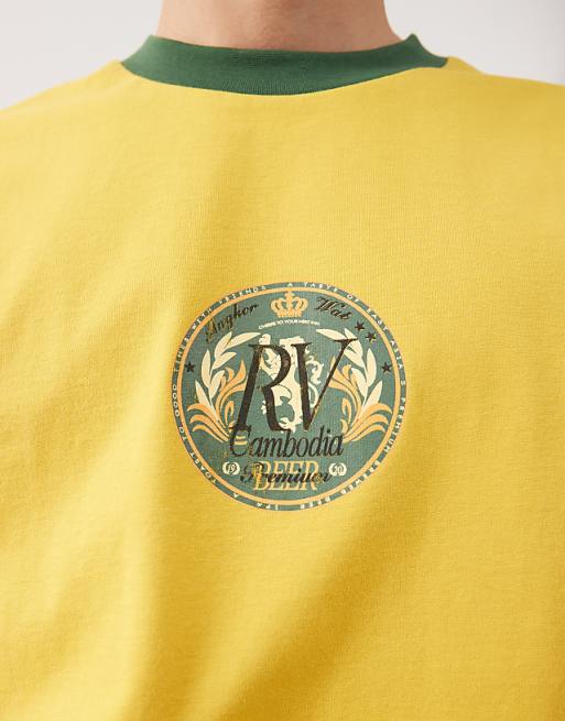 Reclaimed Vintage Cropped Boxy Ringer Tshirt With Beer Mat Graphic In Yellow And Green