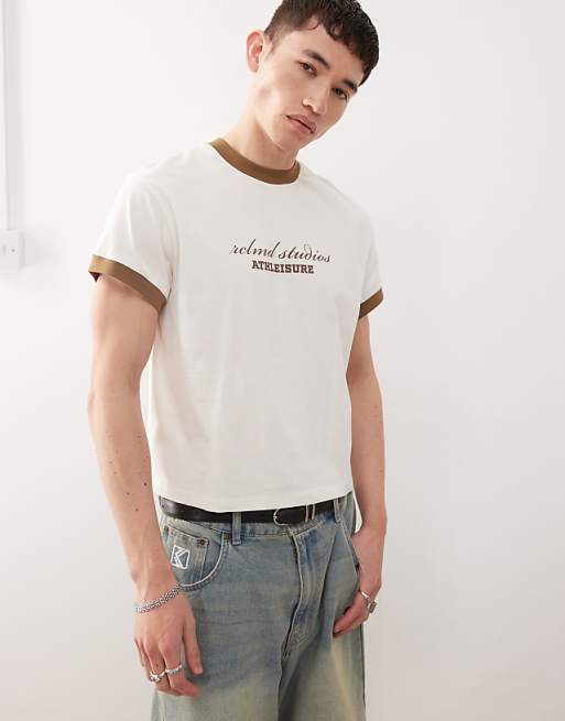 Reclaimed Vintage cropped boxy ringer tshirt with branded graphic in white