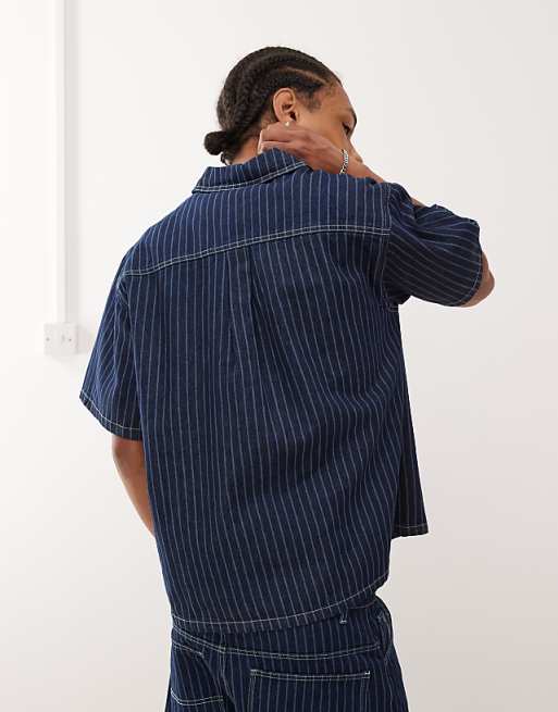 Reclaimed Vintage Denim Pinstripe Boxy Shirt Co-ord With Zip Detail In Blue