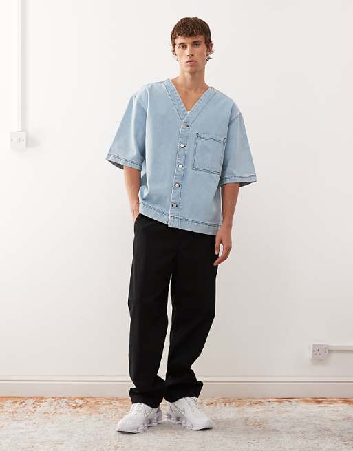Reclaimed Vintage Denim Short Sleeve Baseball Shirt In Light Blue Wash