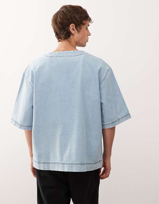 Reclaimed Vintage Denim Short Sleeve Baseball Shirt In Light Blue Wash