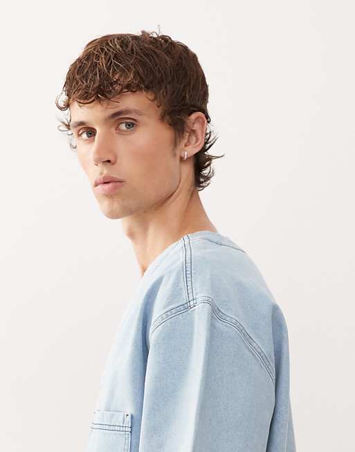 Reclaimed Vintage Denim Short Sleeve Baseball Shirt In Light Blue Wash