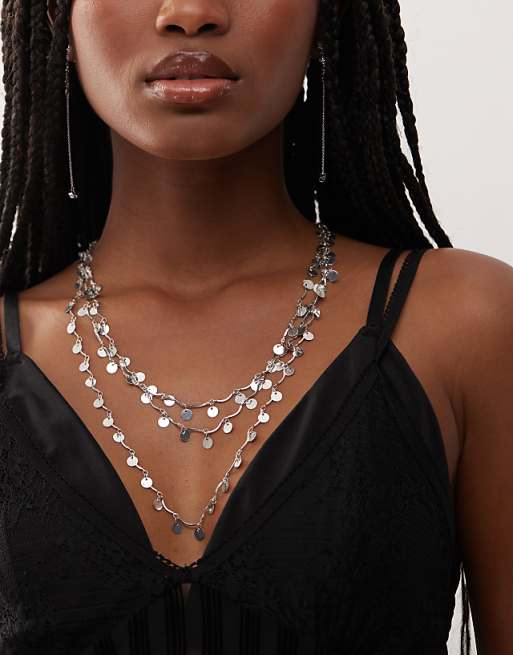 Reclaimed Vintage festival silver disc chain layered long necklace in silver