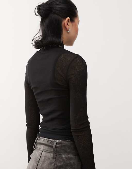 Reclaimed Vintage Funnel Neck Brushed Rib Top In Black
