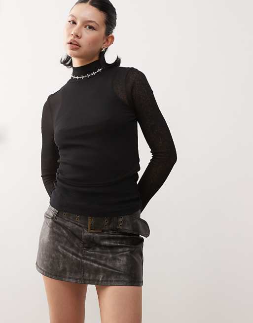 Reclaimed Vintage funnel neck brushed rib top in black