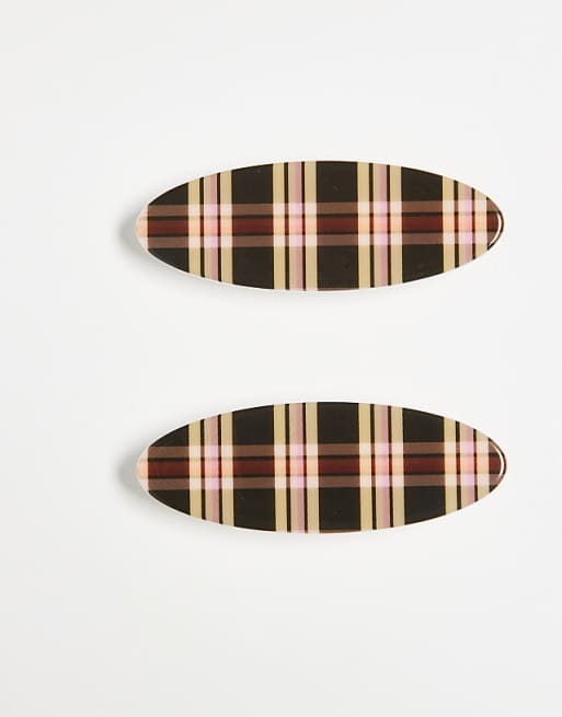 Reclaimed Vintage hair clip 2 pack in brown tartan print