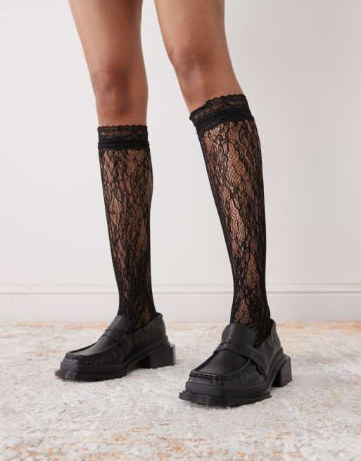 Reclaimed Vintage Knee Length Lace Socks With Ruffles In Black