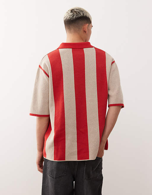 Reclaimed Vintage Knitted Polo Football Shirt With Graphic Print In Ecru And Red Stripe