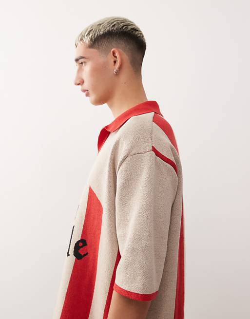 Reclaimed Vintage Knitted Polo Football Shirt With Graphic Print In Ecru And Red Stripe