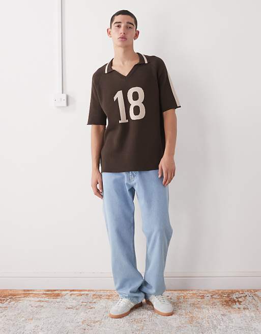Reclaimed Vintage Knitted Polo Top With Side Stripe In Chocolate Brown