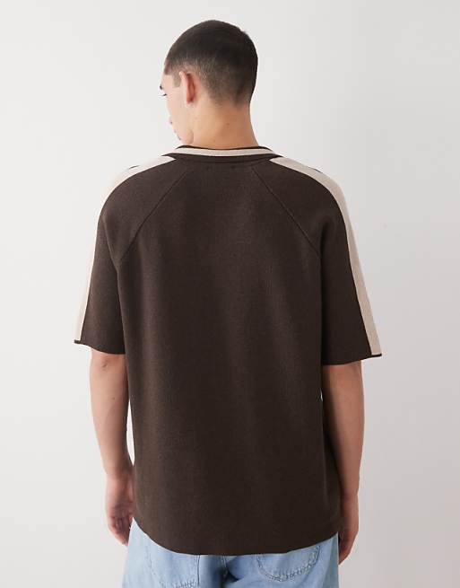 Reclaimed Vintage Knitted Polo Top With Side Stripe In Chocolate Brown