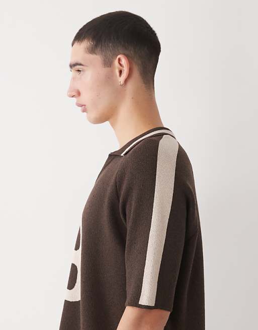 Reclaimed Vintage Knitted Polo Top With Side Stripe In Chocolate Brown