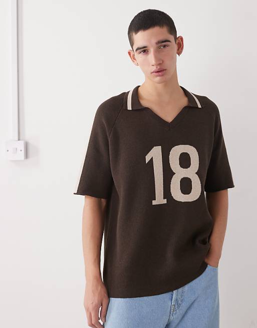 Reclaimed Vintage knitted polo top with side stripe in chocolate brown