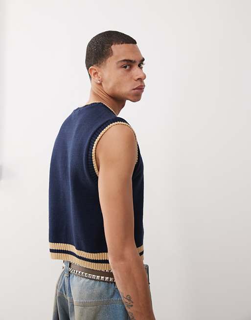 Reclaimed Vintage Knitted Vest With Stripe Details In Navy