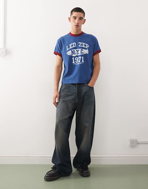 Reclaimed Vintage Led Zeppelin Licensed Ringer T-shirt In Navy With Contrast Red Binding