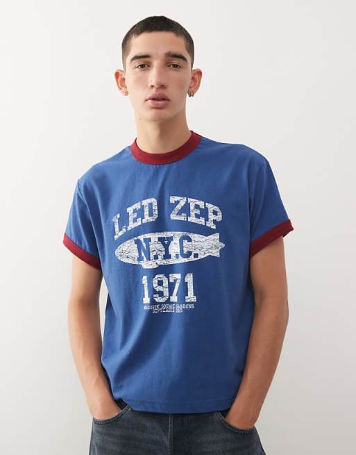Reclaimed Vintage Led Zeppelin licensed ringer t-shirt in navy with contrast red binding