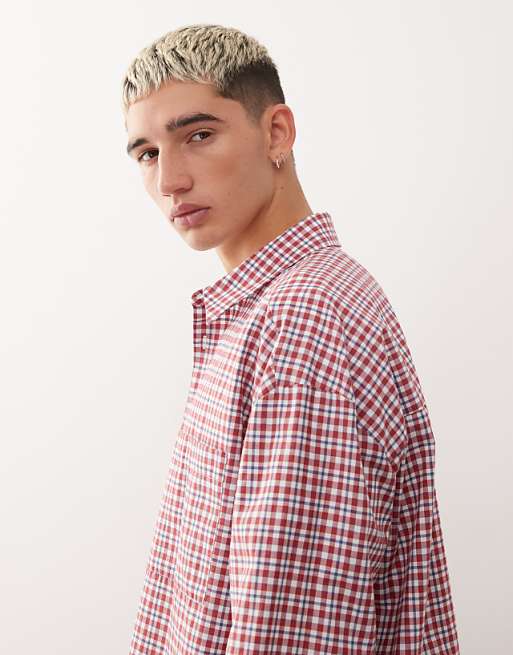 Reclaimed Vintage Long Sleeve Boxy Crop Shirt In Blue And Red Check
