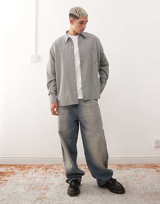 Reclaimed Vintage Long Sleeve Boxy Shirt In Khaki Pinstripe