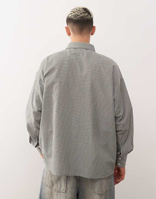 Reclaimed Vintage Long Sleeve Boxy Shirt In Khaki Pinstripe