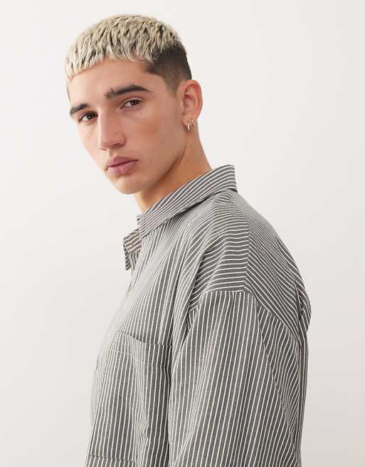 Reclaimed Vintage Long Sleeve Boxy Shirt In Khaki Pinstripe