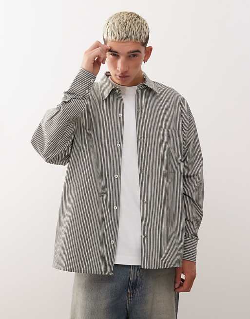 Reclaimed Vintage long sleeve boxy shirt in khaki pinstripe