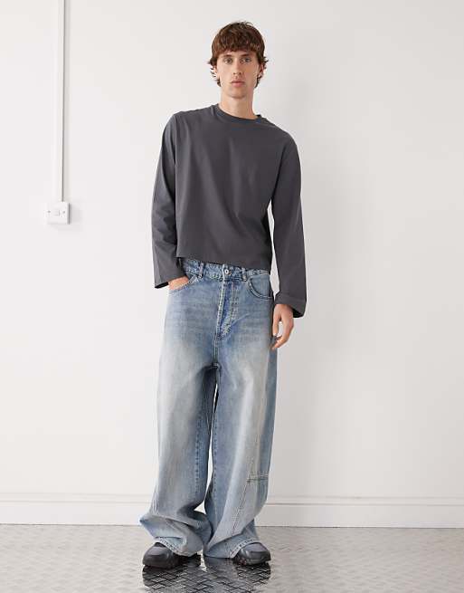 Reclaimed Vintage Long Sleeve Cropped Boxy T-shirt In Charcoal Grey