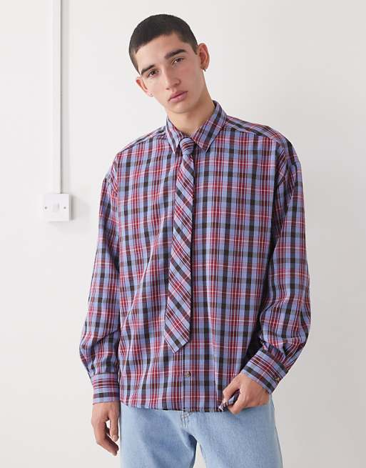 Reclaimed Vintage long sleeve oversized brushed shirt with tie in blue and red check