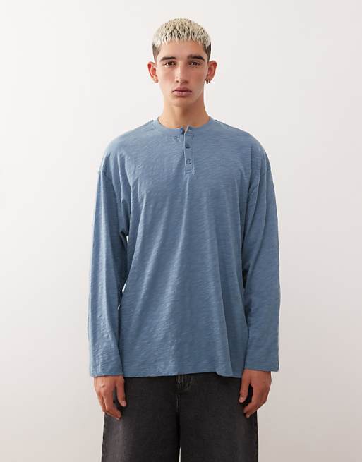 Reclaimed Vintage long sleeve slub jersey henley t-shirt in blue