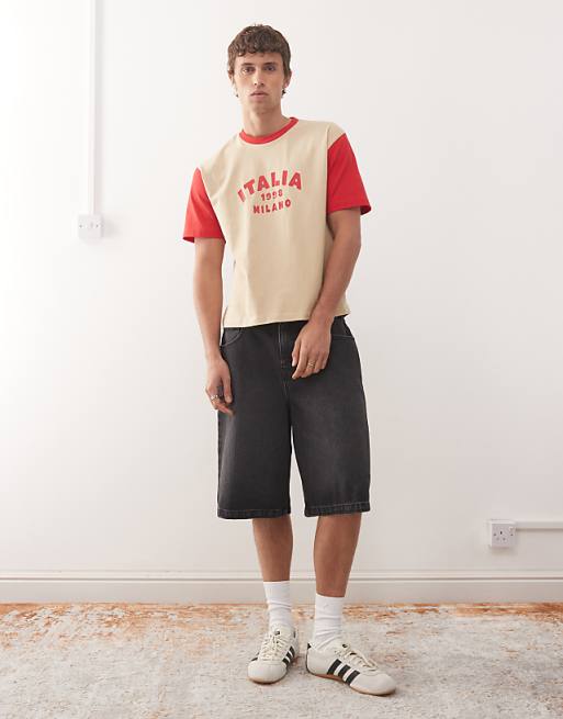 Reclaimed Vintage Milano Cropped Boxy T-shirt With Contrast Sleeves In Beige