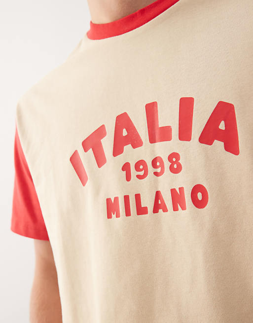 Reclaimed Vintage Milano Cropped Boxy T-shirt With Contrast Sleeves In Beige