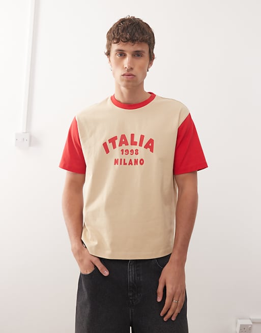 Reclaimed Vintage Milano cropped boxy t-shirt with contrast sleeves in beige