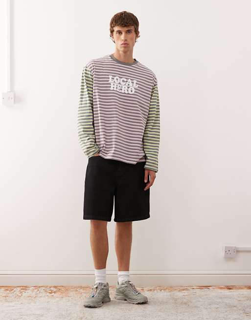 Reclaimed Vintage Mixed Multi Stripe Long Sleeve Tee With Branding Graphic In Multi