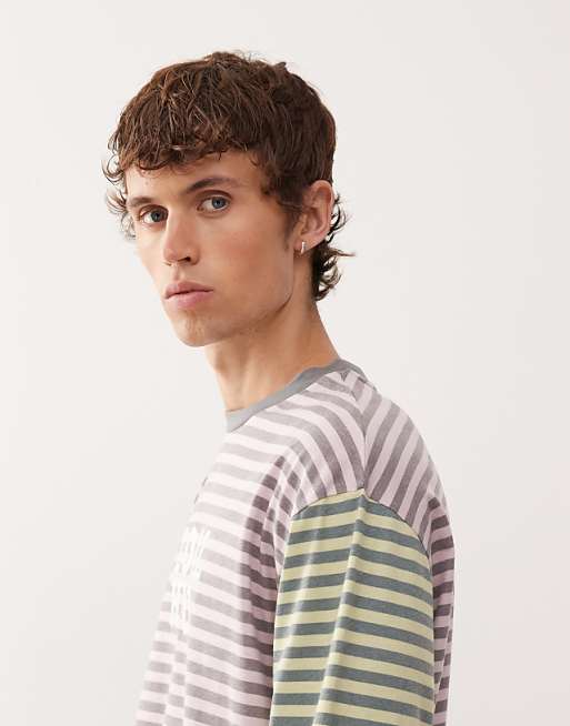 Reclaimed Vintage Mixed Multi Stripe Long Sleeve Tee With Branding Graphic In Multi