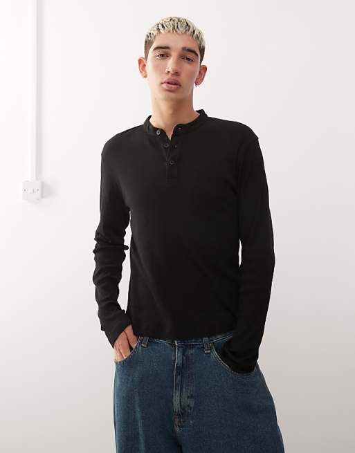 Reclaimed Vintage muscle fit long sleeve henley t-shirt in black