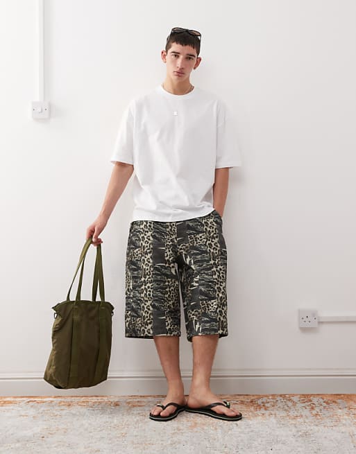 Reclaimed Vintage oversized longline denim jort in camo animal print
