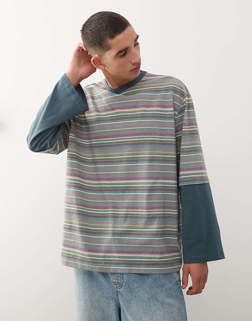 Reclaimed Vintage oversized t-shirt with double layer long sleeve in mixed stripe