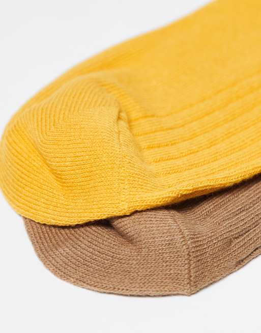Reclaimed Vintage Ribbed Ankle Length Sock 2 Pack In Mustard And Light Brown
