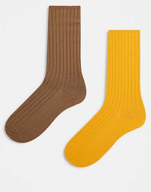 Reclaimed Vintage ribbed ankle length sock 2 pack in mustard and light brown