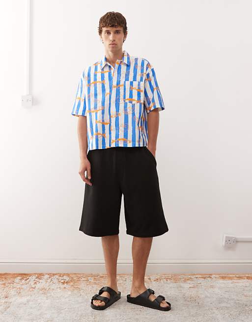 Reclaimed Vintage Short Sleeve Boxy Shirt In Blue And White Stripe With Fish Print