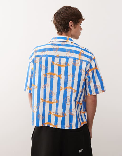 Reclaimed Vintage Short Sleeve Boxy Shirt In Blue And White Stripe With Fish Print