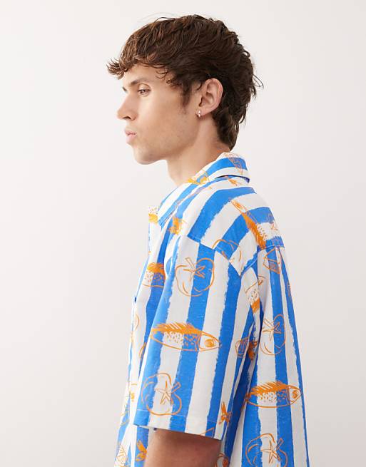 Reclaimed Vintage Short Sleeve Boxy Shirt In Blue And White Stripe With Fish Print