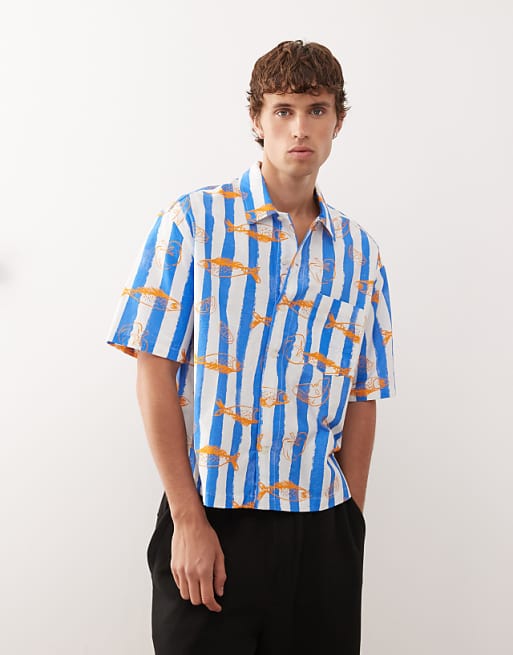 Reclaimed Vintage short sleeve boxy shirt in blue and white stripe with fish print
