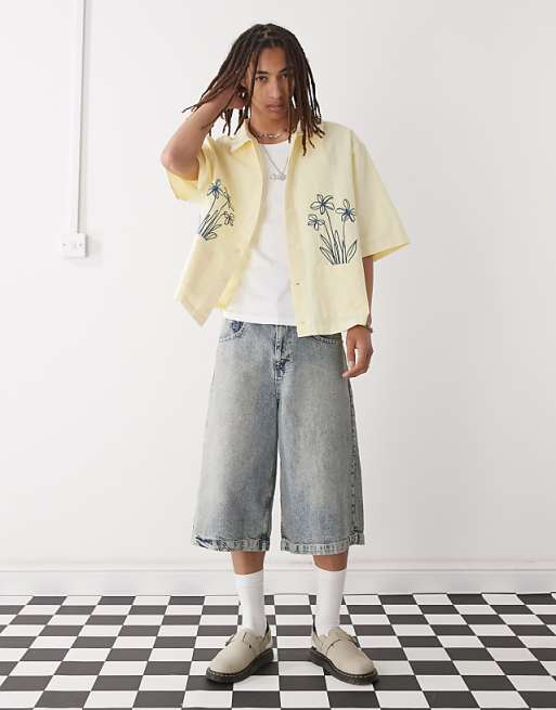 Reclaimed Vintage Short Sleeve Boxy Shirt With Floral Embroidery In Butter Yellow