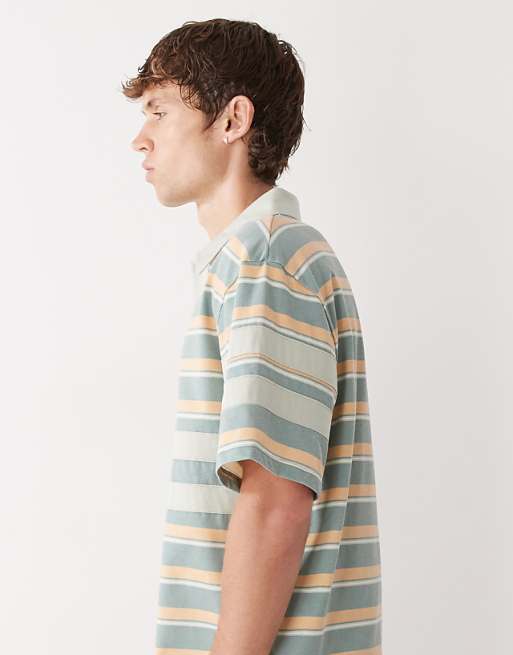 Reclaimed Vintage Short Sleeve Polo Shirt In Green And Orange Stripes