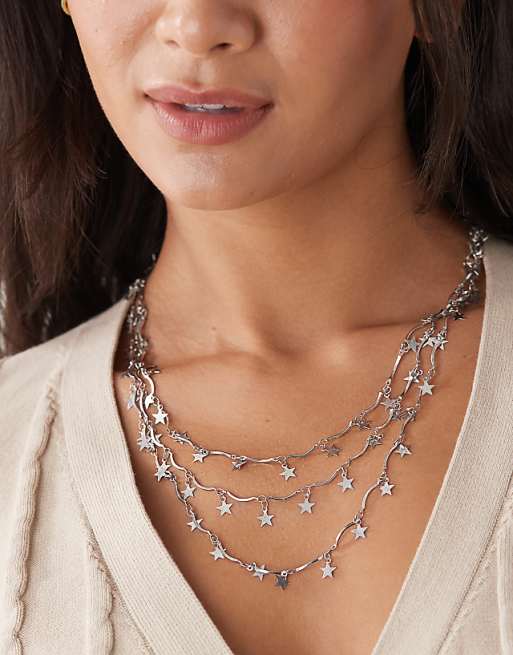 Reclaimed Vintage silver star chain layered long necklace in silver