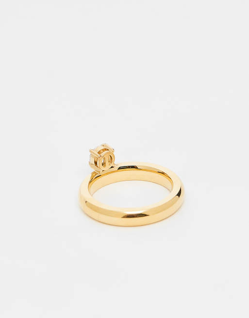 Reclaimed Vintage Stainless Steel Ring With Cubic Zirconia Stone In Gold