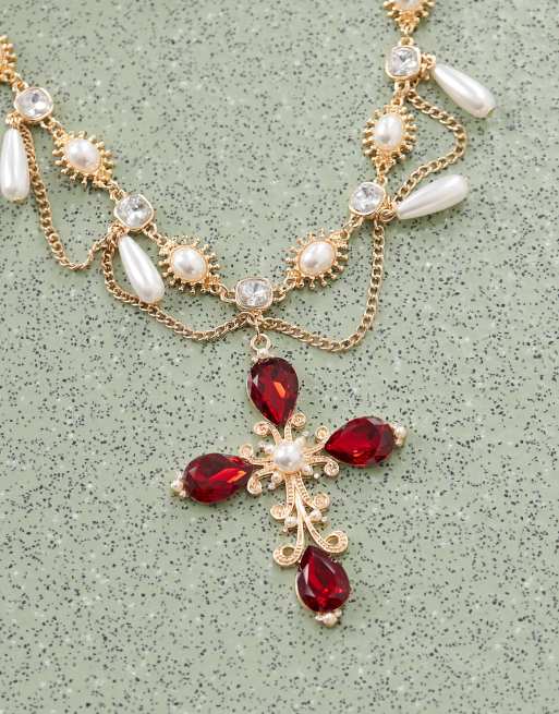 Reclaimed Vintage Tangled Halloween Necklace With Cross Pendant And Stones In Gold